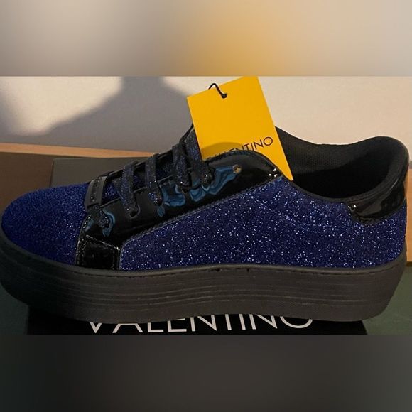 New Mario Valentino SELA Royal Blue Sparkle Black Sneakers Shoes 37 EU 7 USA - Picture 11 of 14